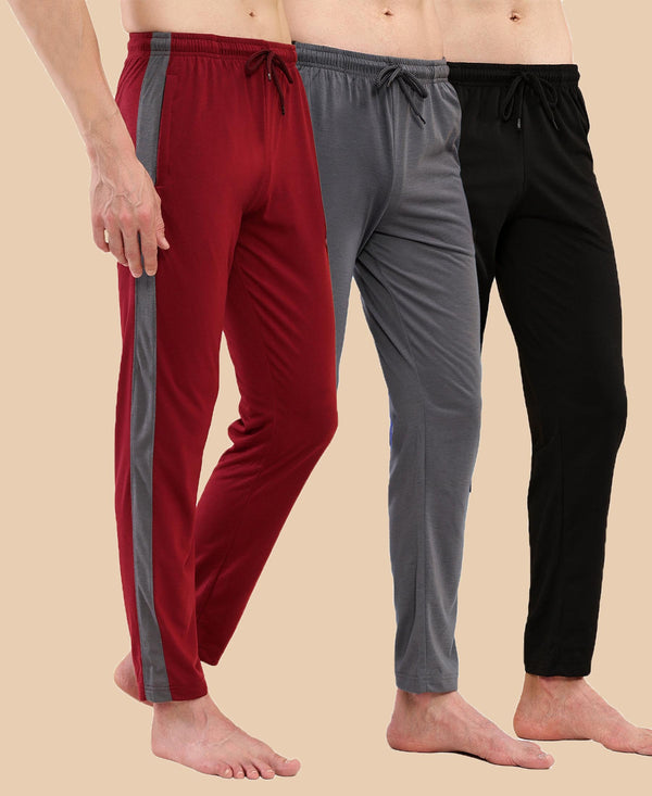 T.T. Men Regular Fit Poly Jersey Cut And Sew Trackpant Pack Of 3-Black-Grey-Maroon