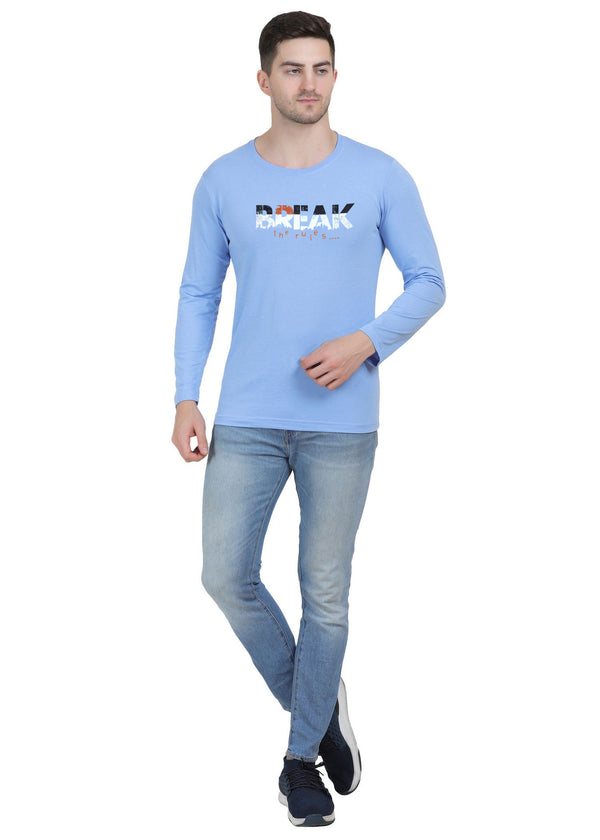 HiFlyers Mens Sky Blue Regular FitPrinted Round Neck Full Sleev Tshirt