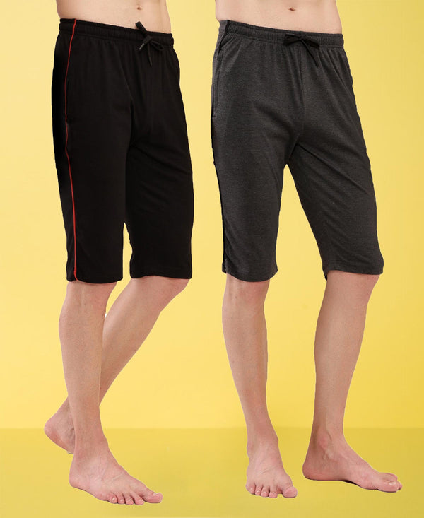 T.T. Men Regular Fit Poly Jersey Capri With Side Piping Pack Of 2-Anthra-Black