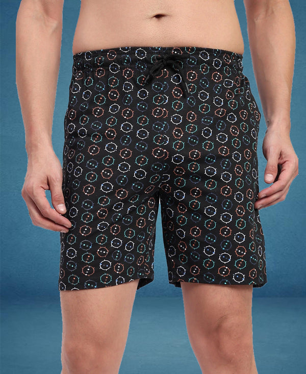T.T. Men Regular Fit Cotton Polyster Printed Short With Zip Pocket Pack Of 1-Black