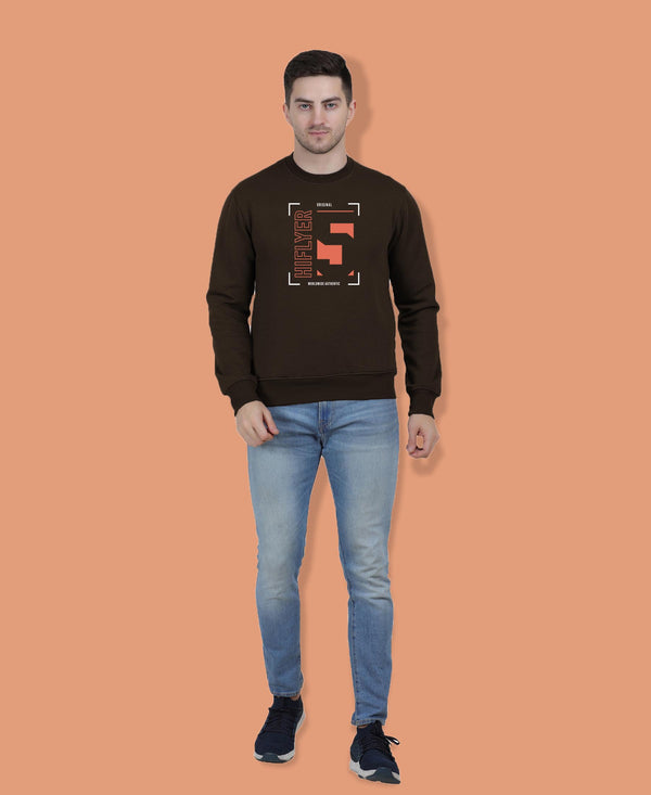 Hiflyers Men|Regular Fit|Chest Printed Cotton Fleece|Soft Stylish Casual Winter Wear Sweatshirt|Coffee-P7