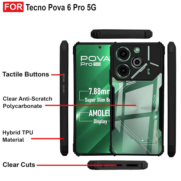 Mobielectro Camera Bump Protection | Slim Stylish 360 Protection Design |Crystal Clear | Shockproof Eagle Back Cover for Tecno Pova 6 Pro 5G - Black