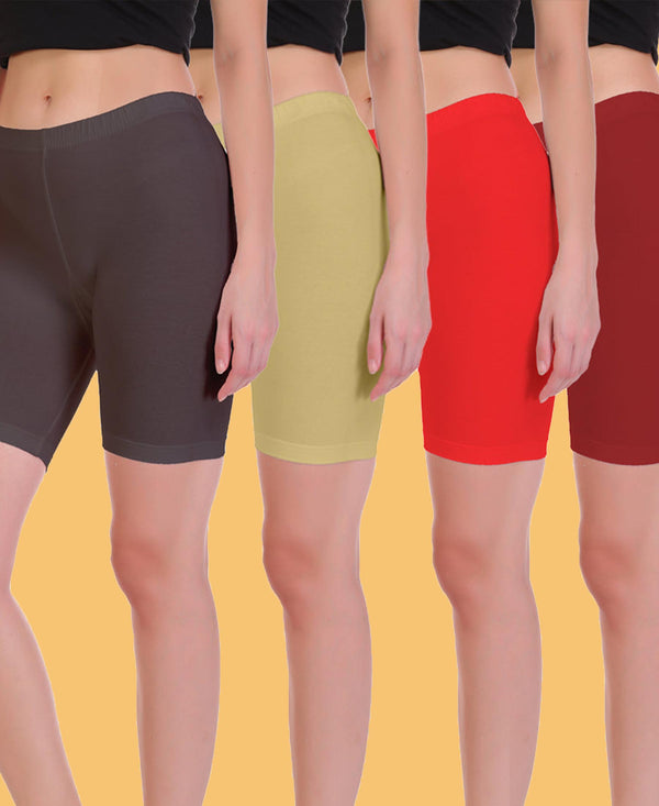 T.T. Pearl Women 100% Cotton Multipurpose Shorts Pack Of 4 Assorted