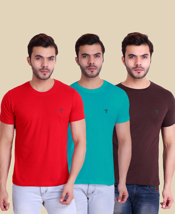 T.T. Cool Men Pack Of 3 T-Shirts Red-Cyan-Brown