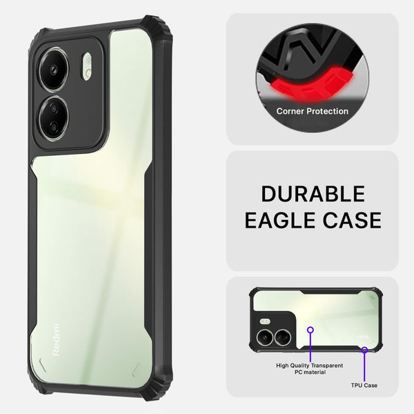 Mobielectro Camera Bump Protection | Slim Stylish 360 Protection Design |Crystal Clear | Shockproof Eagle Back Cover for RedMi 13C 4G|POCO C65 - Black