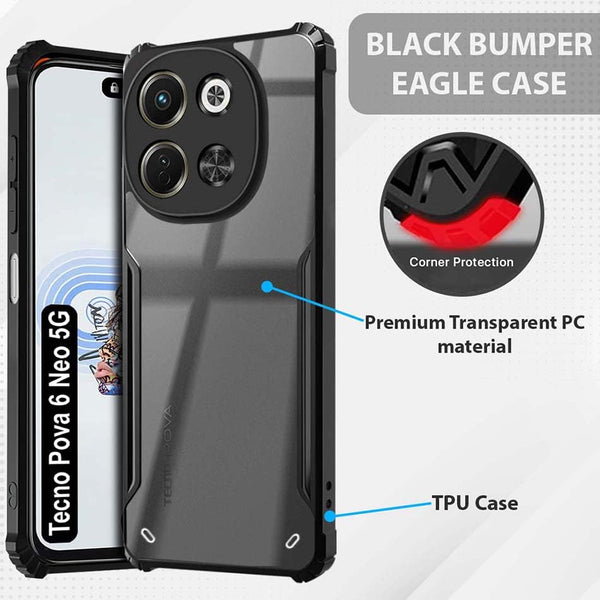 Mobielectro Camera Bump Protection | Slim Stylish 360 Protection Design |Crystal Clear | Shockproof Eagle Back Cover for Tecno Pova 6 NEO 5G - Black