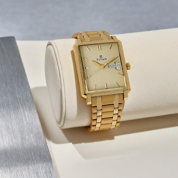 Regalia Quartz Analog with Day and Date Champagne Dial Gold Stainless Steel Strap watch for Men
