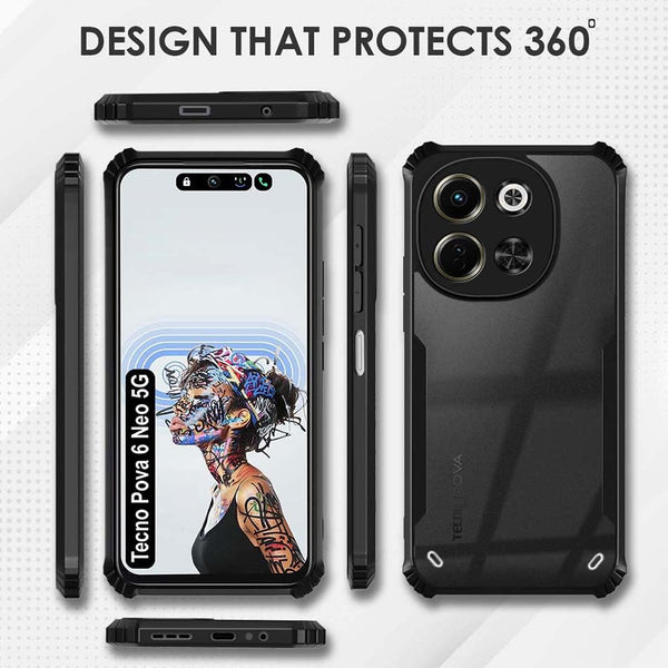 Mobielectro Camera Bump Protection | Slim Stylish 360 Protection Design |Crystal Clear | Shockproof Eagle Back Cover for Tecno Pova 6 NEO 5G - Black