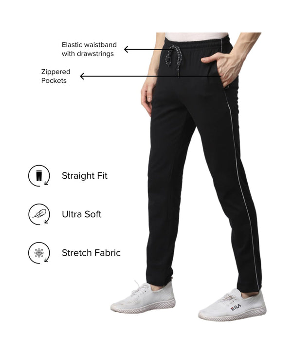 T.T. Men|Cotton Trackpant With Zipper Pocket|Regular Fit|Elastic Waist With Drawstring, Ultra Soft Stretch Fabric – Gym, Sports & Casual Wear With Side Piping||Black