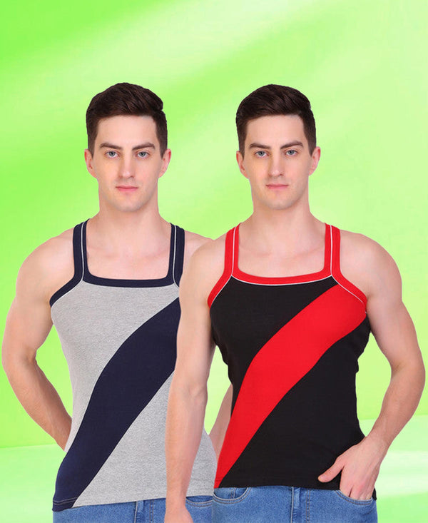 T.T. Men DesignerGym Vest Pack Of 2 Black-Red -Grey-Navy