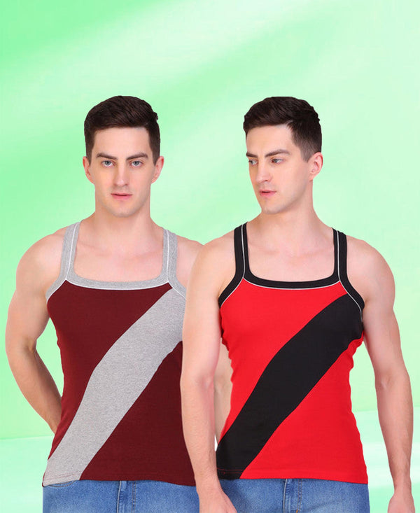 T.T. Men DesignerGym Vest Pack Of 2 Red-Black -Maroon-Grey