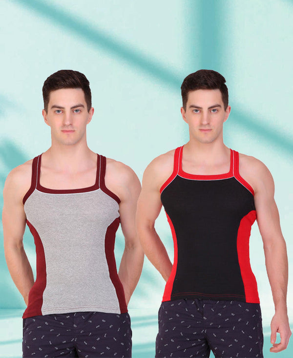 T.T. Men DesignerGym Vest Pack Of 2 Black-Red-Grey-Maroon