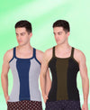 T.T. Men DesignerGym Vest Pack Of 2 Black-Olive -Grey-Blue