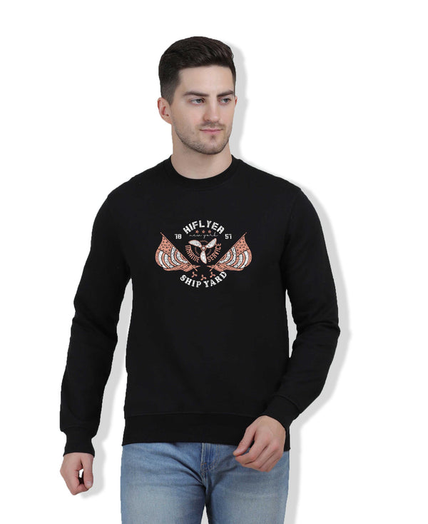 Hiflyers Men|Regular Fit|Chest Printed Cotton Fleece|Soft Stylish Casual Winter Wear Sweatshirt|Black-P3