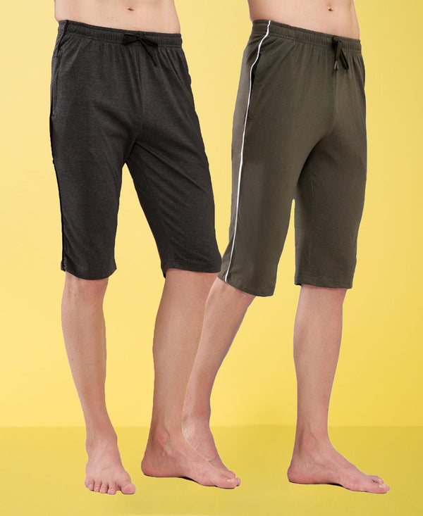 T.T. Men Regular Fit Poly Jersey Capri With Side Piping Pack Of 2-Anthra-Olive