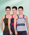 T.T. Men DesignerGym Vest Pack Of 3 Grey-Blue -Blue-Red-Olive-Black