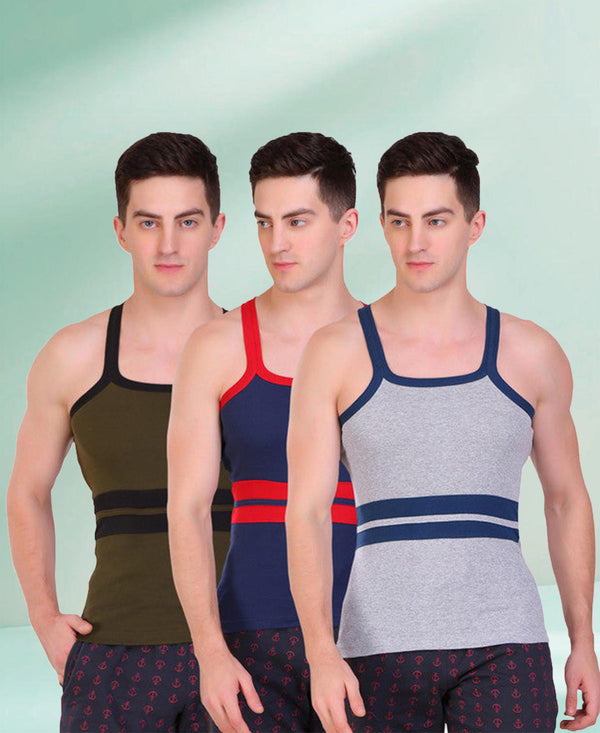 T.T. Men DesignerGym Vest Pack Of 3 Grey-Blue -Blue-Red-Olive-Black