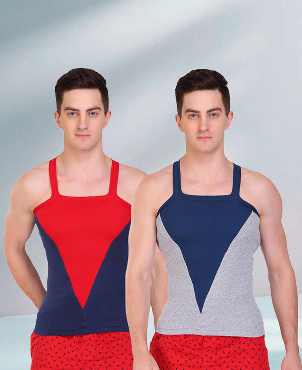 T.T. Men DesignerGym Vest Pack Of 2 Grey-Blue-Blue-Red