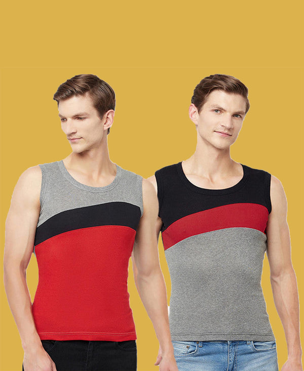 T.T. Men Designer Gym VestPack Of 2 Black-Red-Grey-Red
