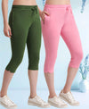 T.T. Women Regular Fit Poly Jersey Solid Capri Pack Of 2-Olive-Pink