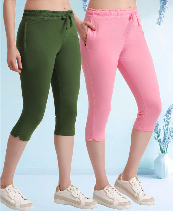 T.T. Women Regular Fit Poly Jersey Solid Capri Pack Of 2-Olive-Pink