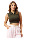 T.T. Women|Slim Fit Ribbed Tank Top|Stretchable Cotton Rib Fabric| Trendy High Street Casual & Office Wear Sleeveless Crop Tee|Desire Rib Polo Tshirt For Women||Olive