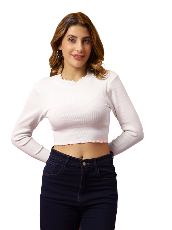 T.T. Women|Slim Fit Ribbed Top|Stretchable Cotton Rib Fabric| Trendy High Street Casual & Office Wear Full Sleeve Crop Tee|Desire Rib Tshirt For Women||White