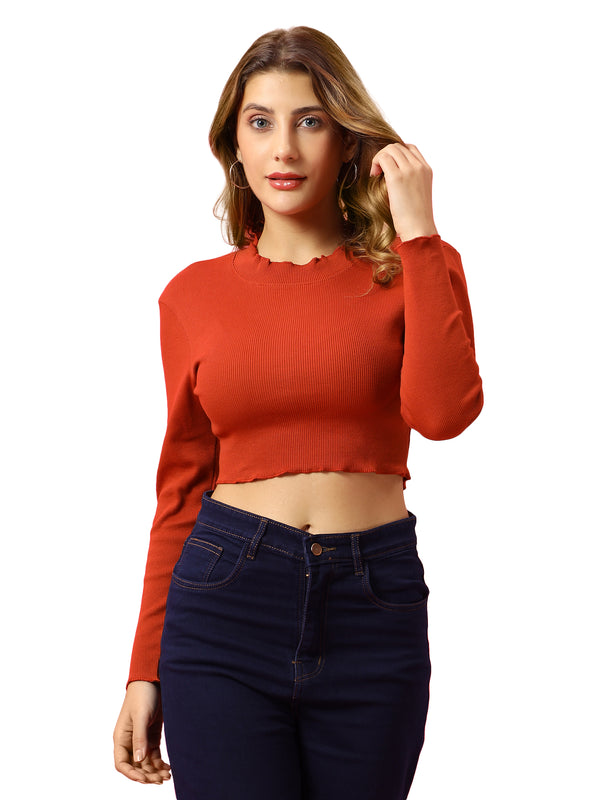 T.T. Women|Slim Fit Ribbed Top|Stretchable Cotton Rib Fabric| Trendy High Street Casual & Office Wear Full Sleeve Crop Tee|Desire Rib Tshirt For Women||Brown