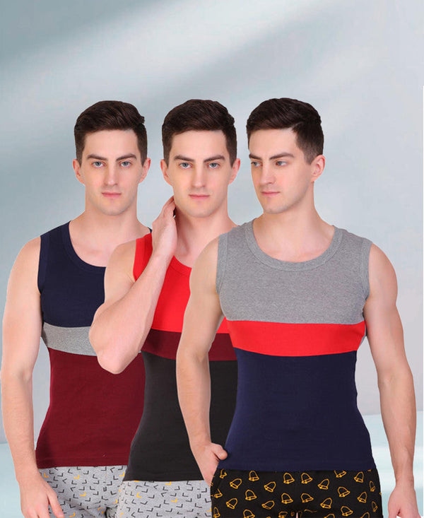 T.T. Men DesignerGym Vest Pack Of 3 Grey-Blue -Red-Black -Blue-Maroon