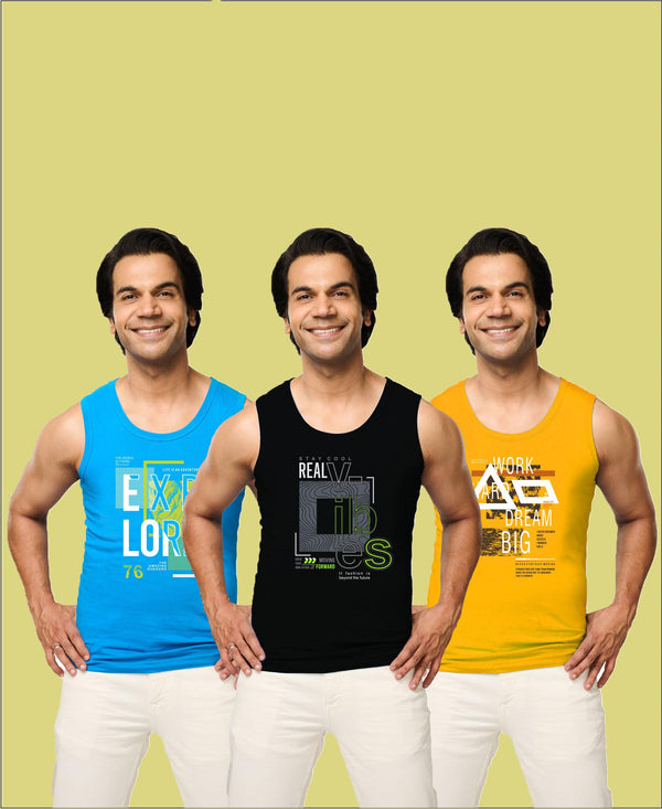 T.T. Men|Cool Tees|100% Cotton|Printed| Regular Fit |Round Neck Muscle Tshirts|Pack Of 3|Black::Blue::Orange