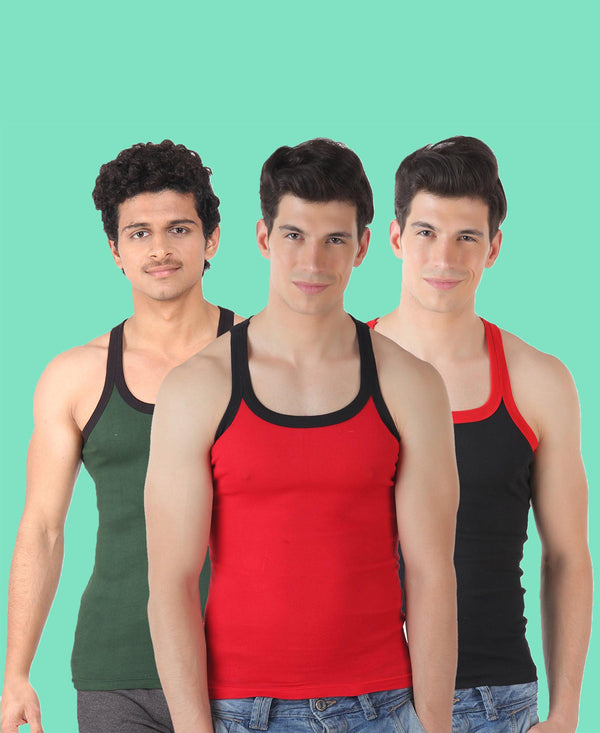 T.T. Men Solid Pack Of 3 Gym VestBlack-Red-Olive
