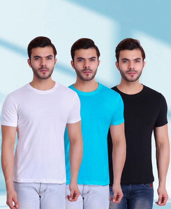 T.T. Men Solid Cotton Tshirts Pack Of 3 Black-Turquoise-White