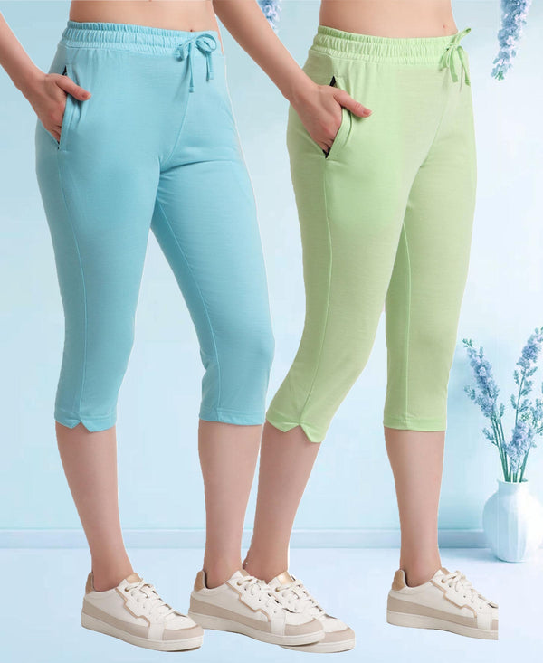 T.T. Women Regular Fit Poly Jersey Solid Capri Pack Of 2-Green-Turquoise
