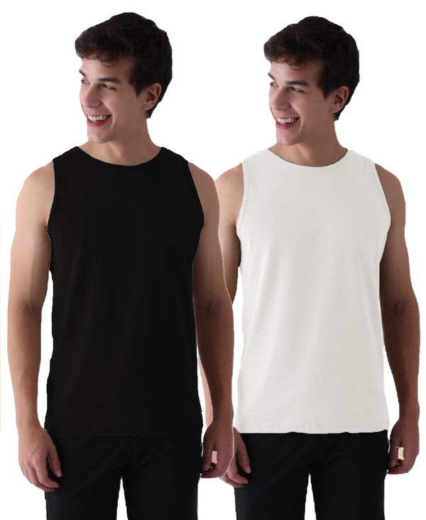 Almo Men’S Cotton Vest|Premium Melange Cotton|Regular Fit|Soft, Breathable, Fade-Resistant | Anti-Bacterial & Lightweight | Ideal For Gym/Sports Activities|Pack Of 2|Black::White