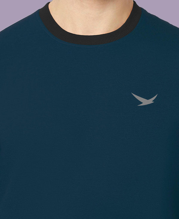 HiFlyers Men Slim Fit Cotrast Rib Cotton Fleece Round Neck Sweatshirt -Airforce