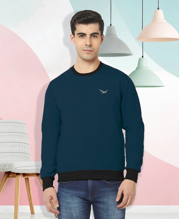 HiFlyers Men Slim Fit Cotrast Rib Cotton Fleece Round Neck Sweatshirt -Airforce