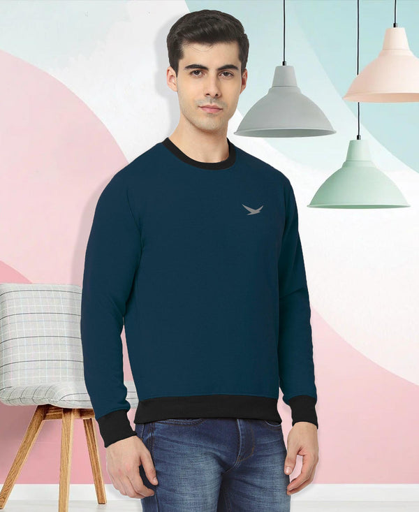 HiFlyers Men Slim Fit Cotrast Rib Cotton Fleece Round Neck Sweatshirt -Airforce