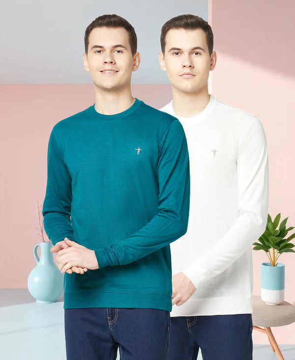 T.T. Men Cotton Polyster Regular Fit Solid Full Sleeve T-Shirt Pack Of 2 (Airforce-White )