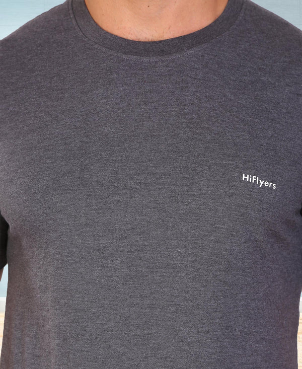 HiFlyers Men Slim Fit Self-Design Premium Melange Rn Tshirts Anthra
