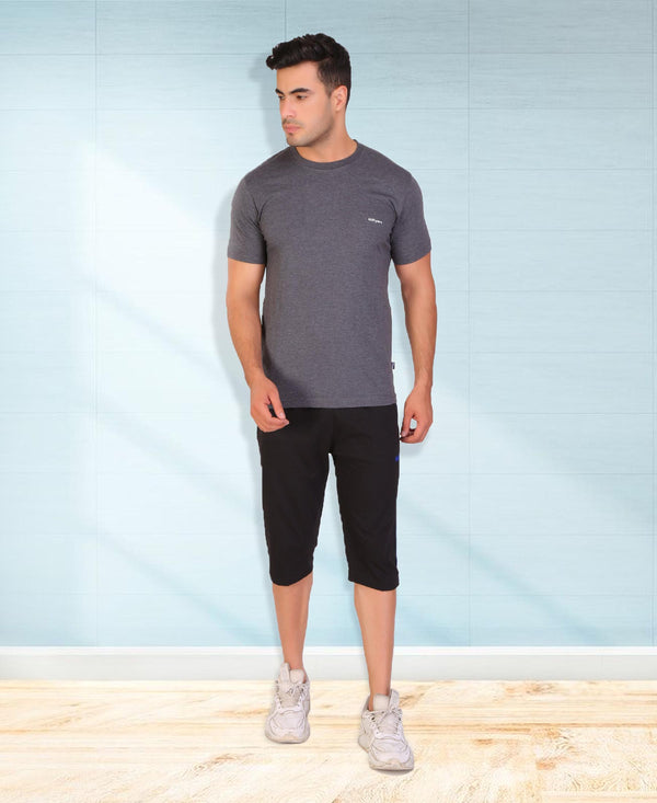 HiFlyers Men Slim Fit Self-Design Premium Melange Rn Tshirts Anthra