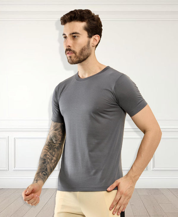 T.T. Men Slim Fit Poly Jersey Round Neck Half Sleeve T-Shirt Anthra