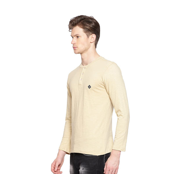 Almo Men Cotton Slub Henley T-Shirt | Full Sleeve | Lightweight & Breathable | Regular Fit Casual T-Shirt for Men-Tan