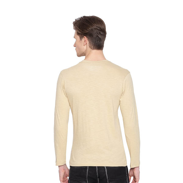 Almo Men Cotton Slub Henley T-Shirt | Full Sleeve | Lightweight & Breathable | Regular Fit Casual T-Shirt for Men-Tan