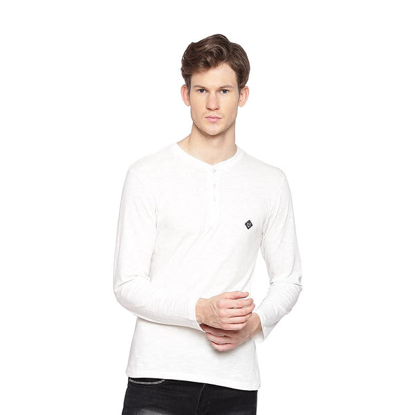 Almo Men Cotton Slub Henley T-Shirt | Full Sleeve | Lightweight & Breathable | Regular Fit Casual T-Shirt for Men-White