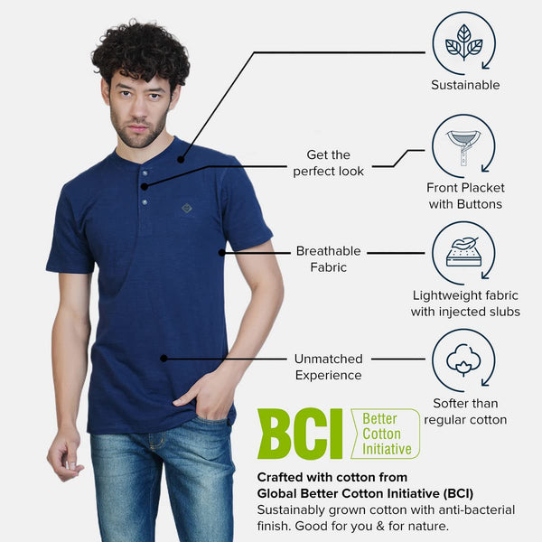 Almo Men Cotton Slub Henley T-Shirt | HalfSleeve | Lightweight & Breathable | Regular Fit Casual T-Shirt for Men-Navy