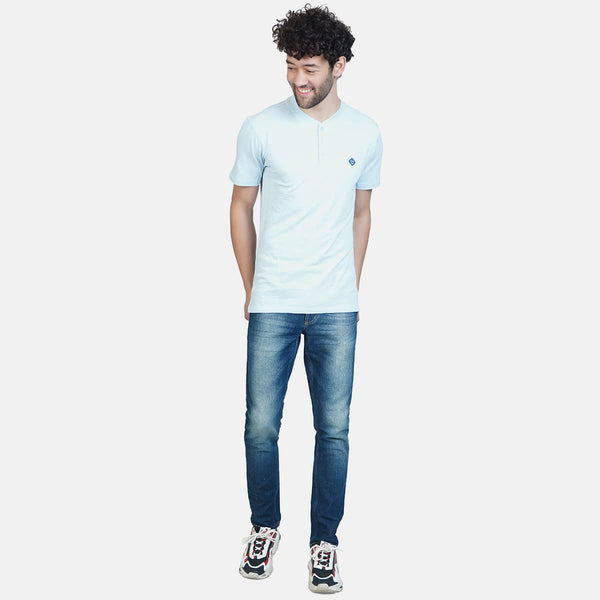 Almo Men Cotton Slub Henley T-Shirt | HalfSleeve | Lightweight & Breathable | Regular Fit Casual T-Shirt for Men-Light Blue