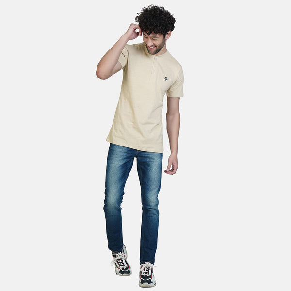 Almo Men Cotton Slub Henley T-Shirt | HalfSleeve | Lightweight & Breathable | Regular Fit Casual T-Shirt for Men-Tan