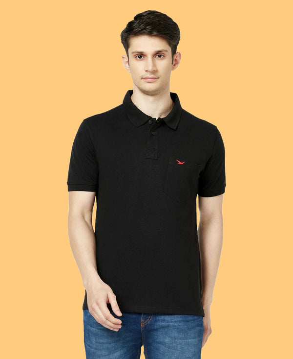 HiFlyers Men'S Solid Regular Fit Polo T-Shirt With Pocket -Black