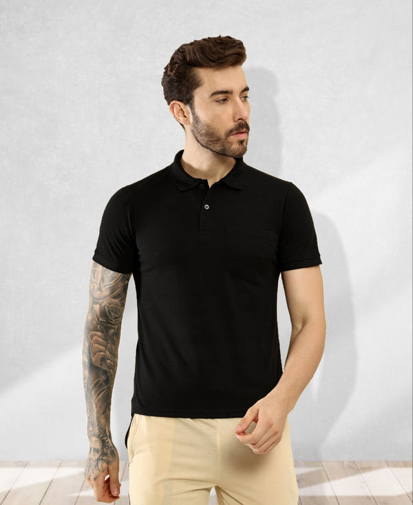 T.T. Men Slim Fit Cotton Polyster Pique Polo Half Sleeve T-Shirt Black