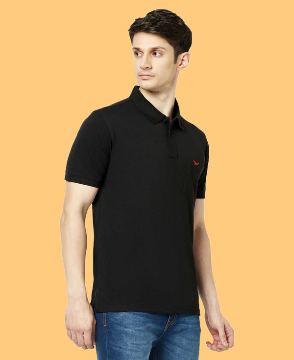 HiFlyers Men'S Solid Regular Fit Polo T-Shirt With Pocket -Black